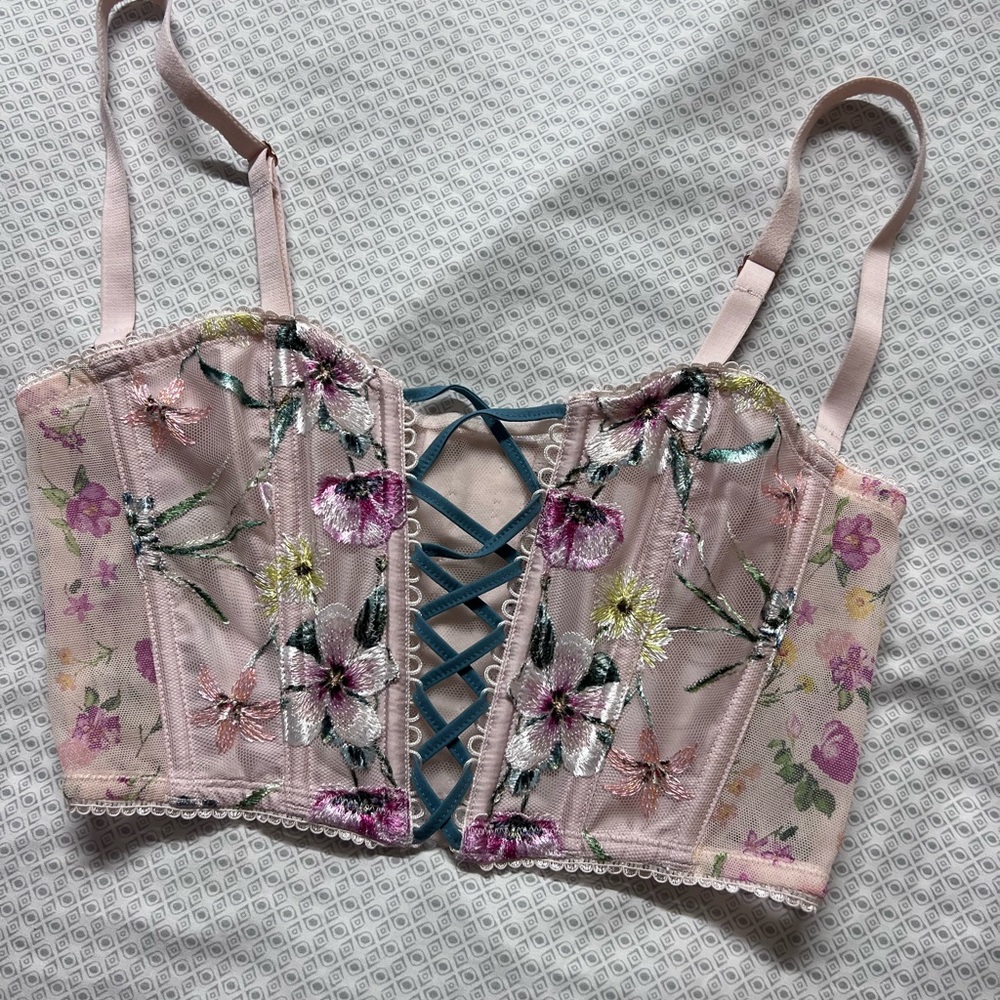 Victoria's Secret Floral Embroidered Corset - Pink and Blue